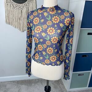 Minga London Sheer Blue Purple Sunflower Floral Long-Sleeved Shirt Top Large